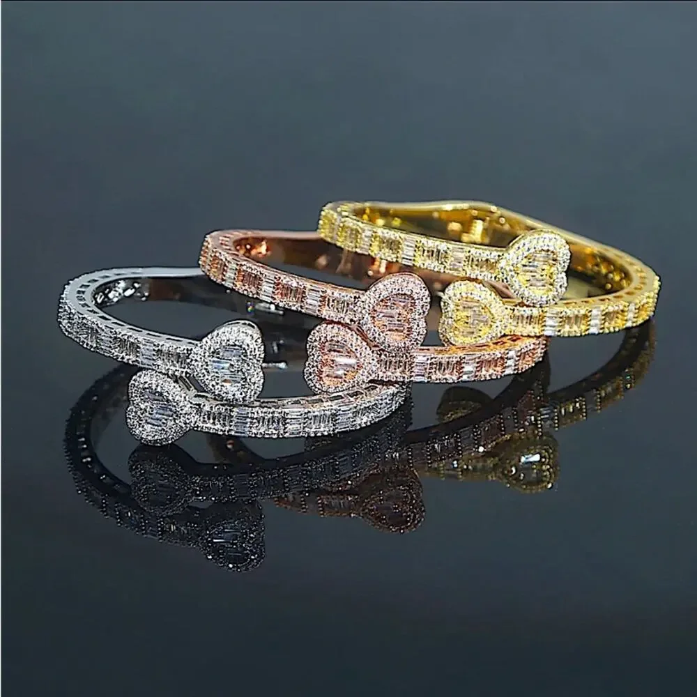 Open Heart Gold Baguette Iced Out Cubic Zircon Diamond Bangle Cuff Bra…
